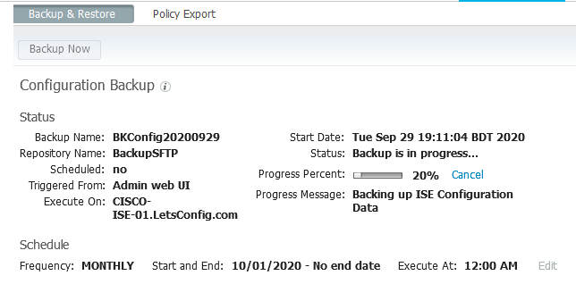 Cisco USE Backup through SFTP Config Progress